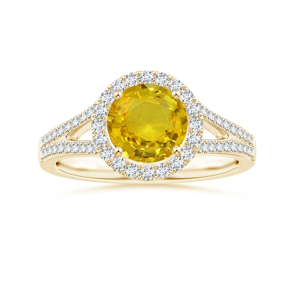 6.97-7.01-4.98mm AAA Yellow Sapphire Split Shank Ring with Diamond Halo in 18K Yellow Gold