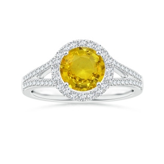 6.97-7.01-4.98mm AAA Yellow Sapphire Split Shank Ring with Diamond Halo in P950 Platinum