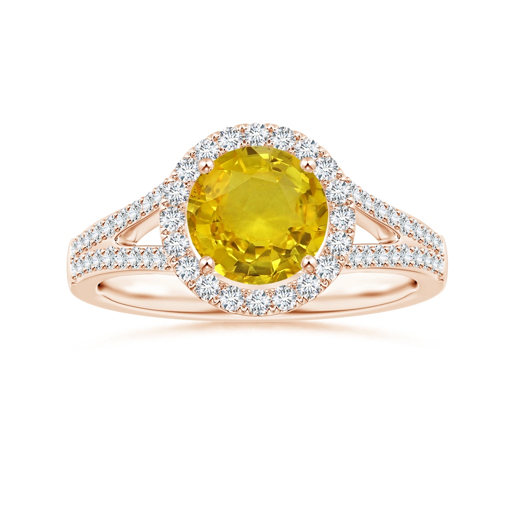 6.97-7.01-4.98mm AAA Yellow Sapphire Split Shank Ring with Diamond Halo in Rose Gold