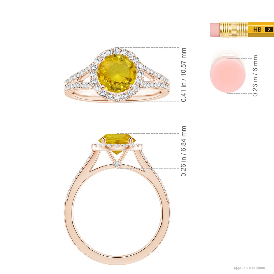 6.97-7.01-4.98mm AAA Yellow Sapphire Split Shank Ring with Diamond Halo in Rose Gold ruler