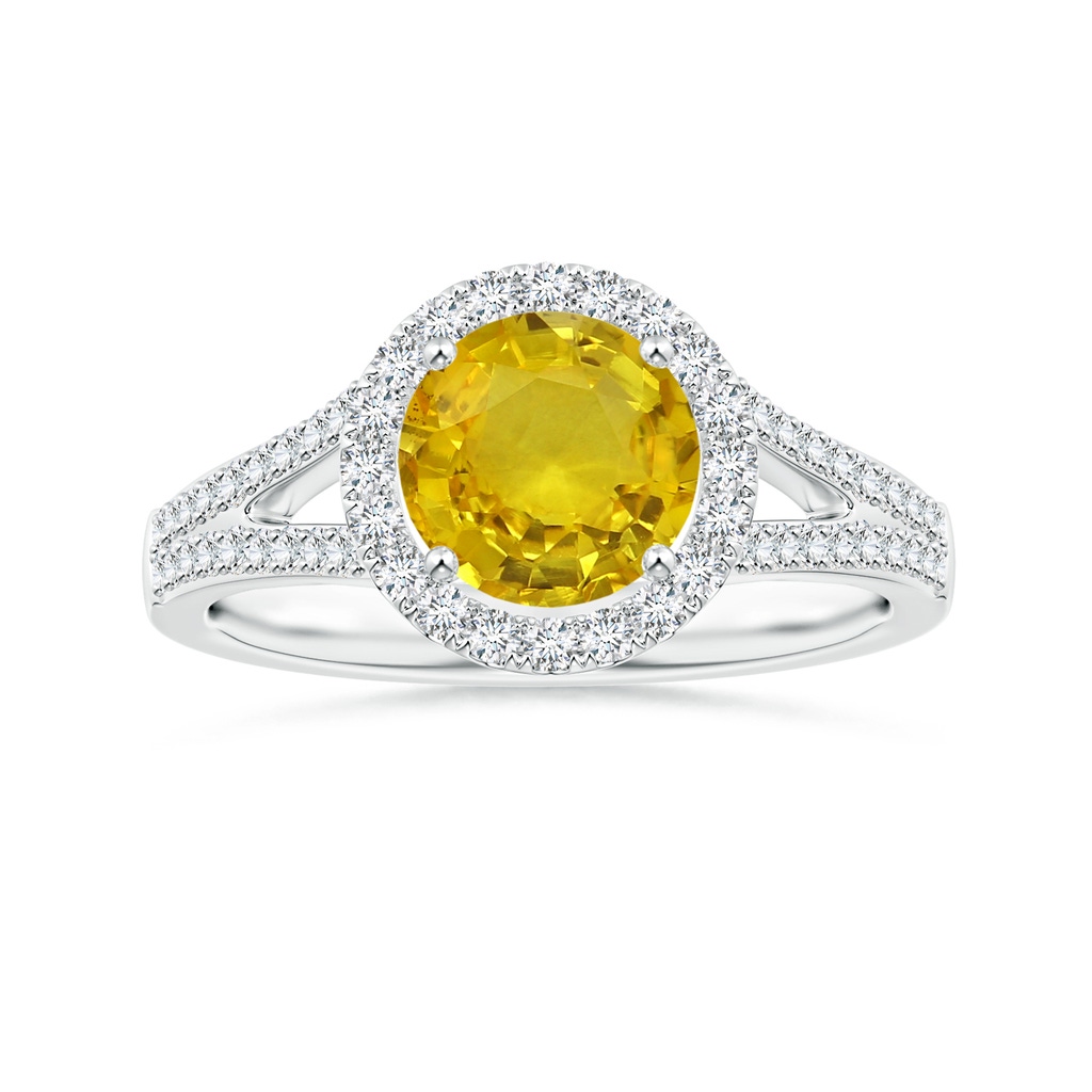 6.97-7.01-4.98mm AAA Yellow Sapphire Split Shank Ring with Diamond Halo in White Gold