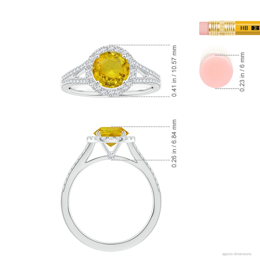 6.97-7.01-4.98mm AAA Yellow Sapphire Split Shank Ring with Diamond Halo in White Gold ruler