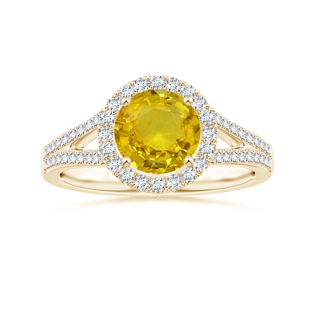 6.97-7.01-4.98mm AAA Yellow Sapphire Split Shank Ring with Diamond Halo in Yellow Gold