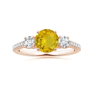 6.97-7.01-4.98mm AAA Yellow Sapphire Three Stone Ring with Leaf Motifs in 10K Rose Gold