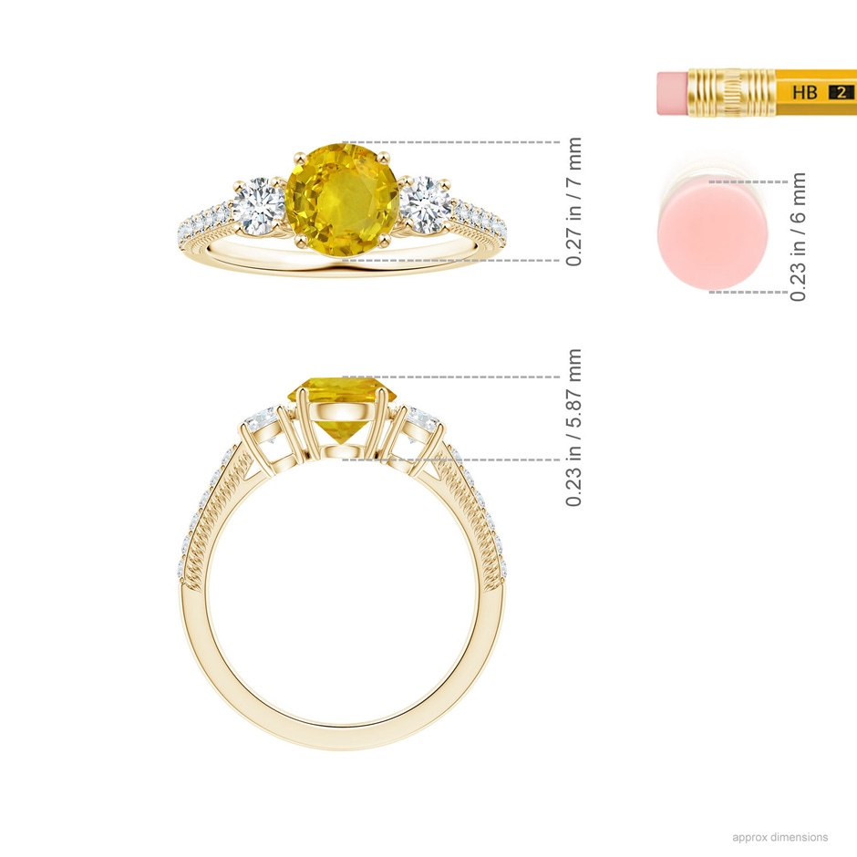 6.97-7.01-4.98mm AAA Yellow Sapphire Three Stone Ring with Leaf Motifs in 18K Yellow Gold ruler