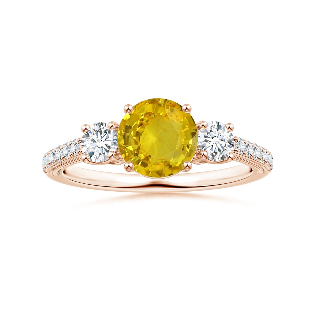 6.97-7.01-4.98mm AAA Yellow Sapphire Three Stone Ring with Leaf Motifs in Rose Gold