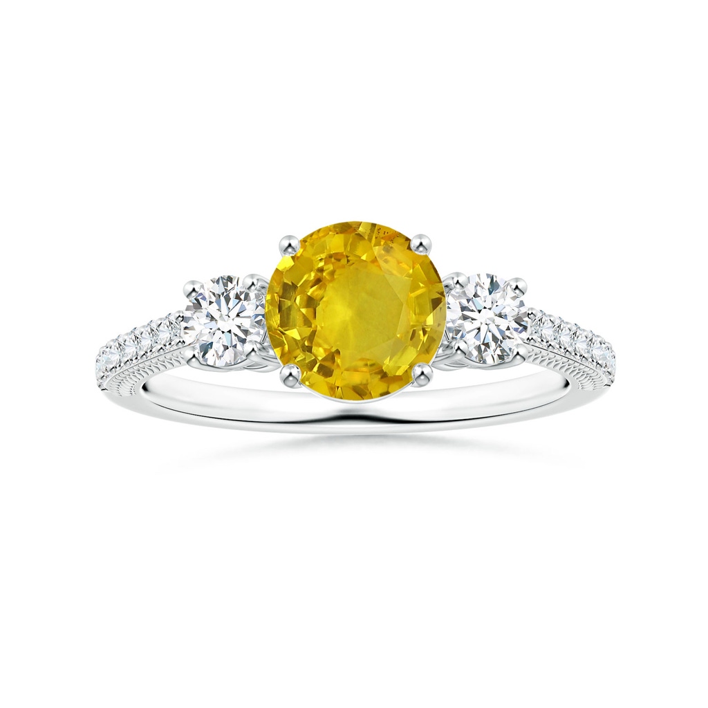 6.97-7.01-4.98mm AAA Yellow Sapphire Three Stone Ring with Leaf Motifs in White Gold