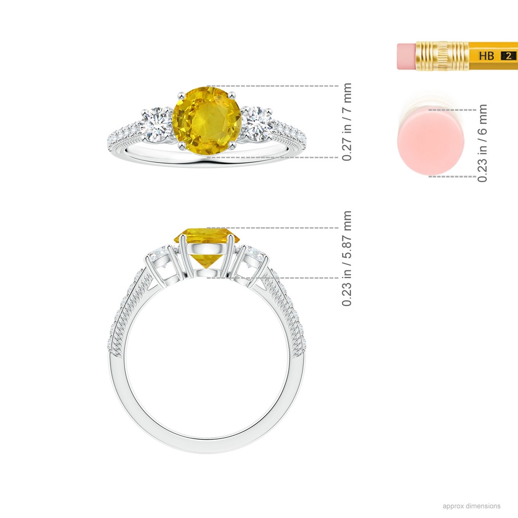 6.97-7.01-4.98mm AAA Yellow Sapphire Three Stone Ring with Leaf Motifs in White Gold ruler