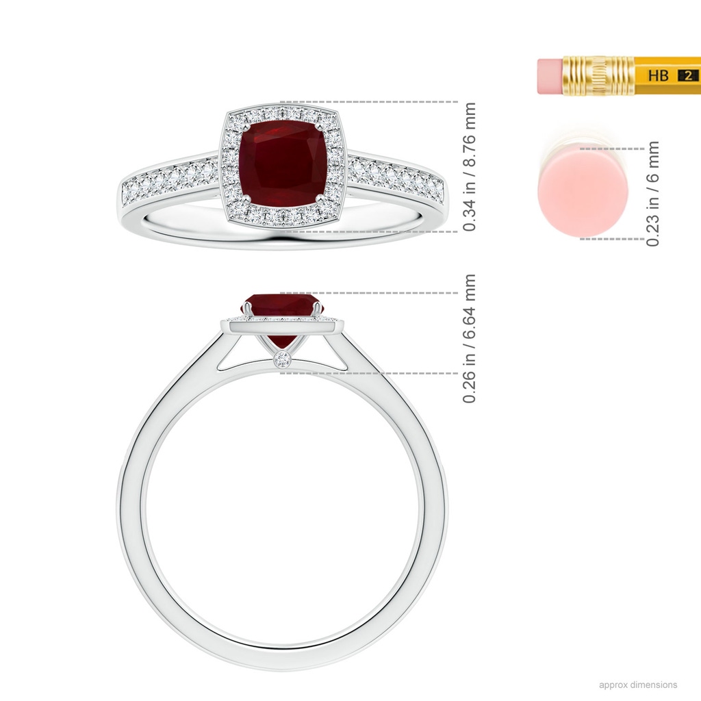 5.16x5.11x3.32mm A Cushion Ruby Halo Ring with Diamonds in White Gold ruler