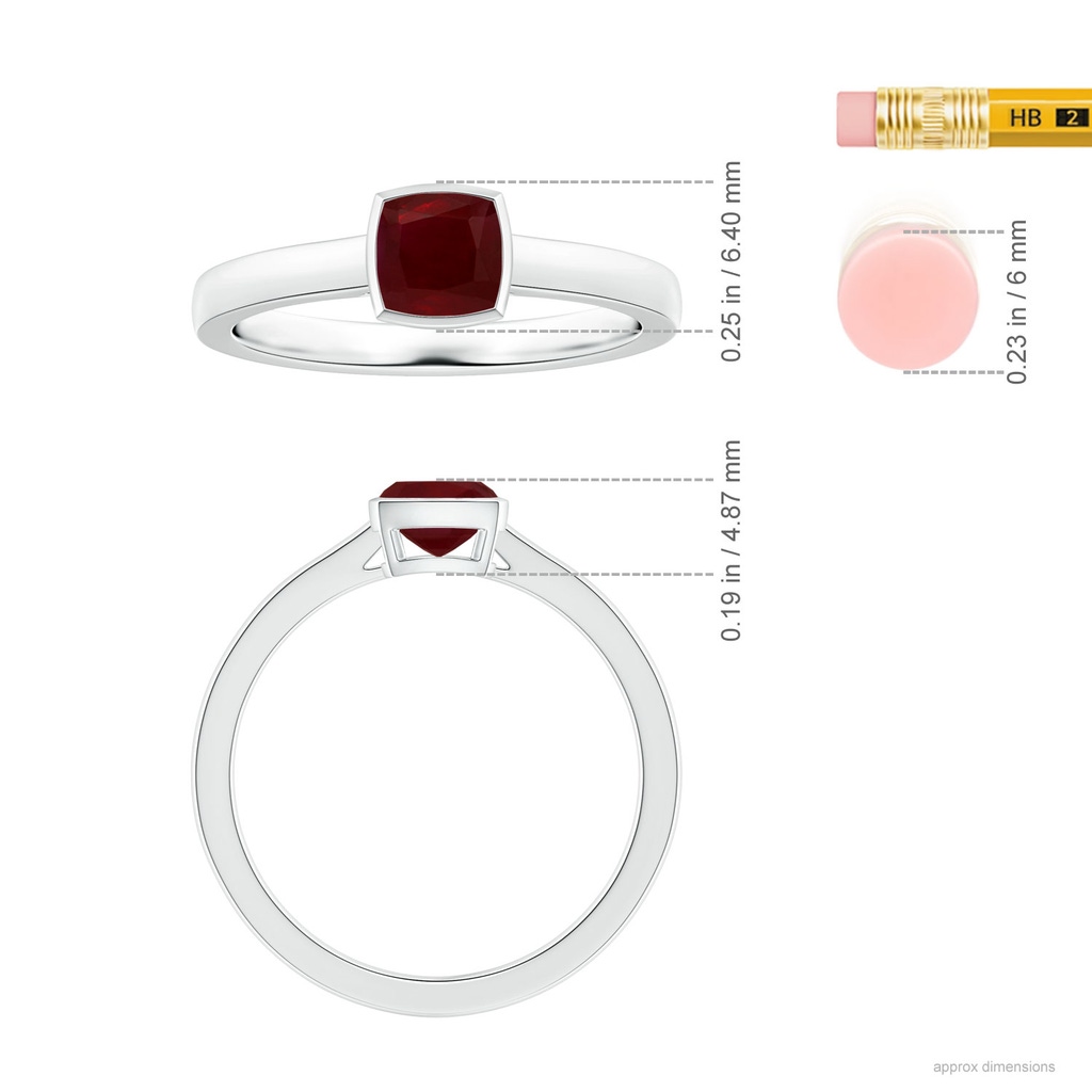 5.16x5.11x3.32mm A Bezel-Set Cushion Ruby Solitaire Ring in White Gold ruler