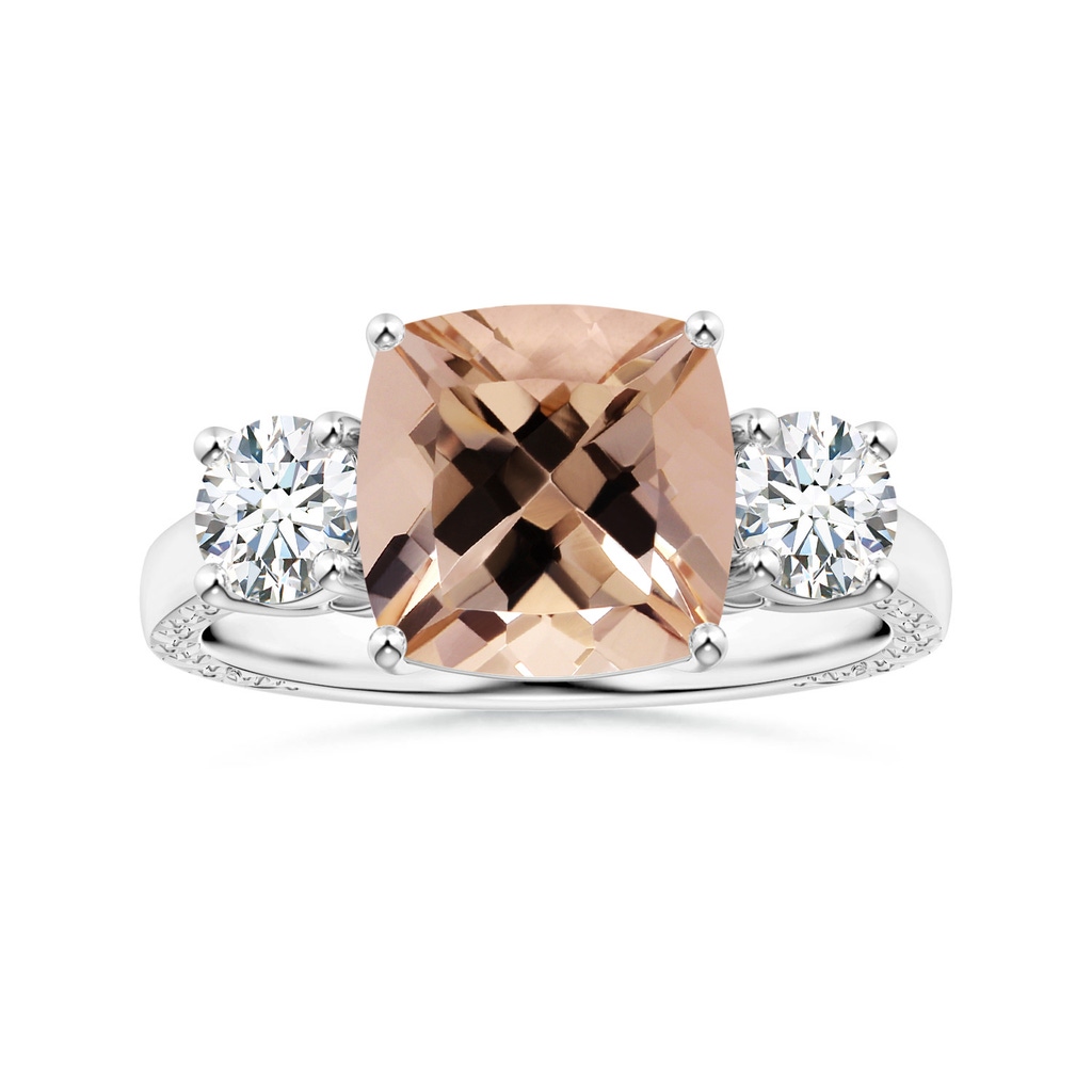 9.06x9.06x6.30mm AA GIA Certified Cushion Morganite Three Stone Ring in White Gold