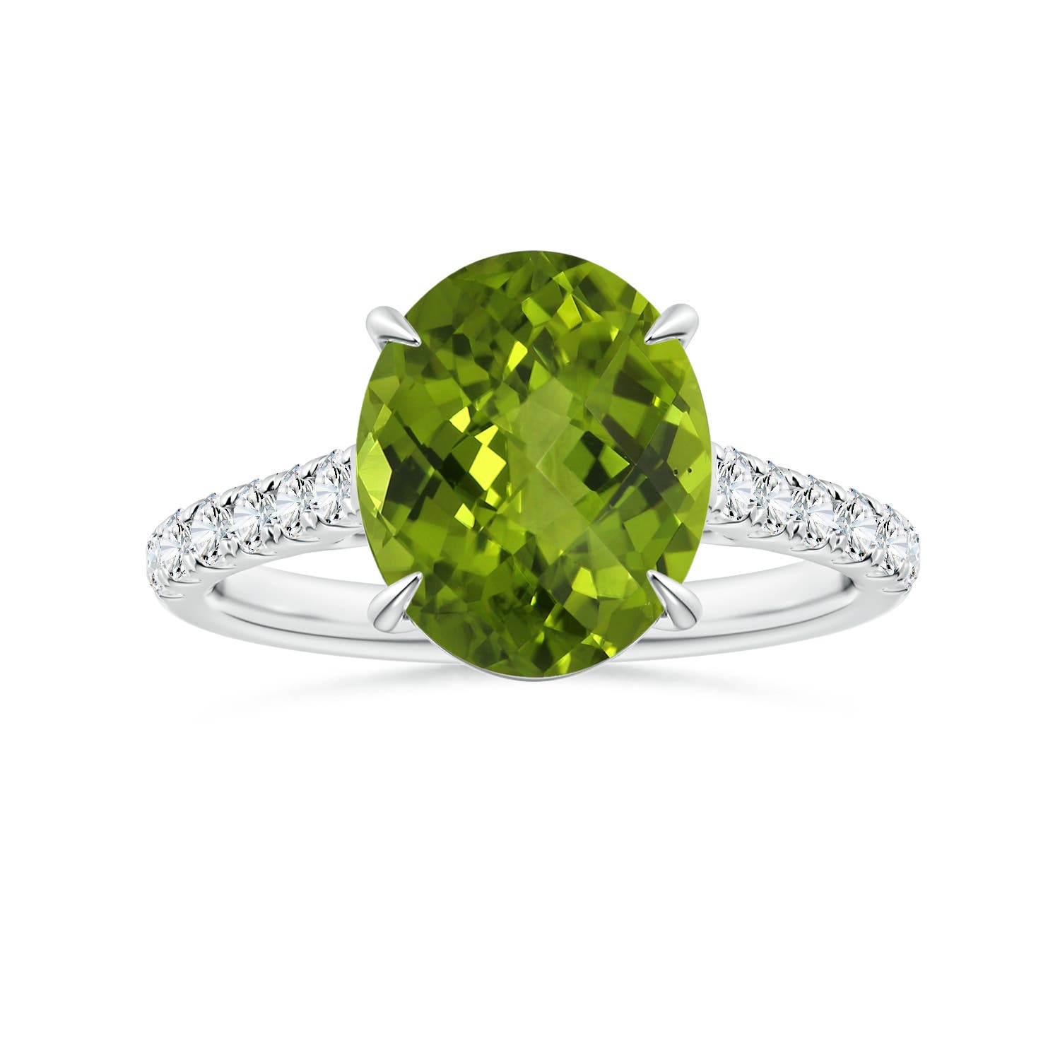 11.03x8.92x5.66mm AAA GIA Certified Claw-Set Oval Peridot Ring with Diamonds in 18K White Gold