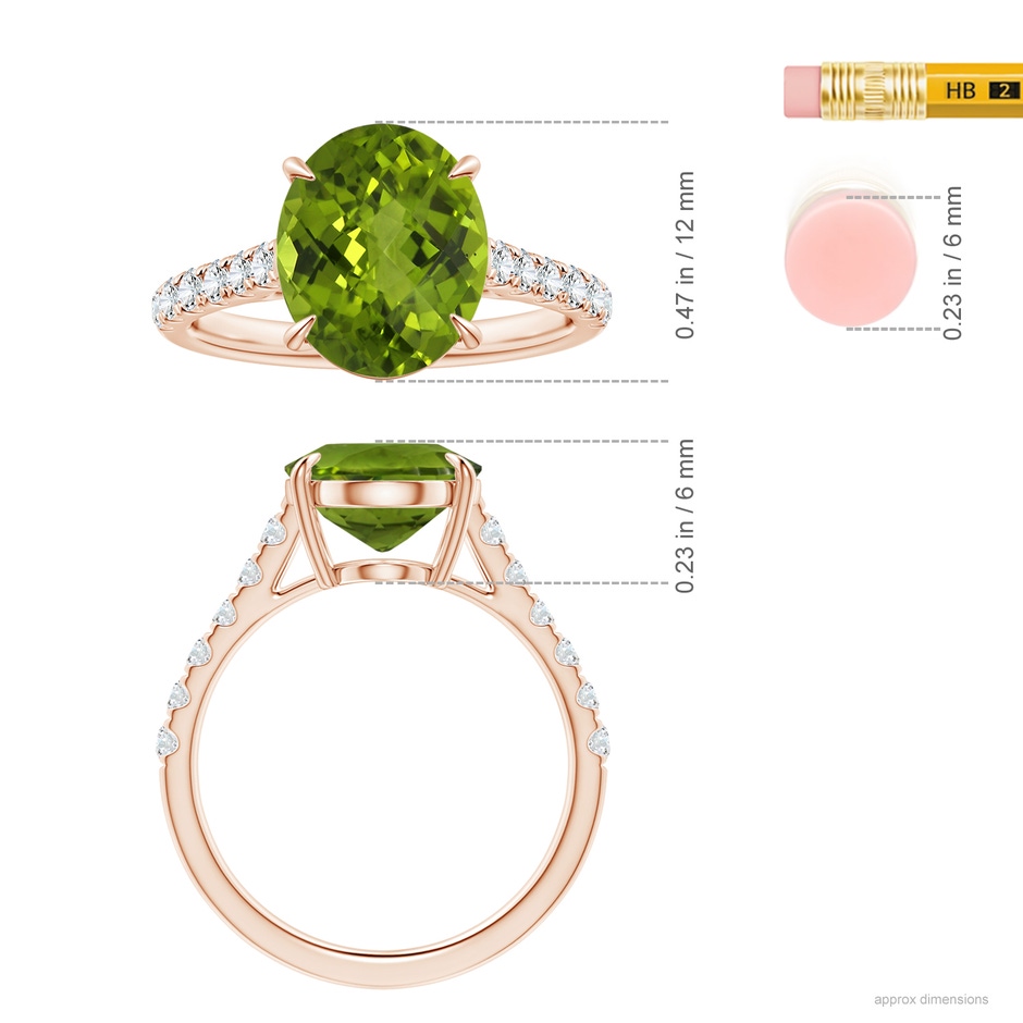 11.03x8.92x5.66mm AAA GIA Certified Claw-Set Oval Peridot Ring with Diamonds in Rose Gold ruler