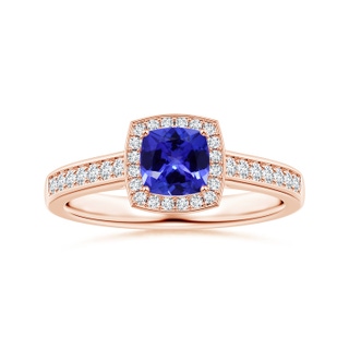 6.20x6.20x3.71mm AAA GIA Certified Cushion Tanzanite Halo Ring with Diamonds in 18K Rose Gold