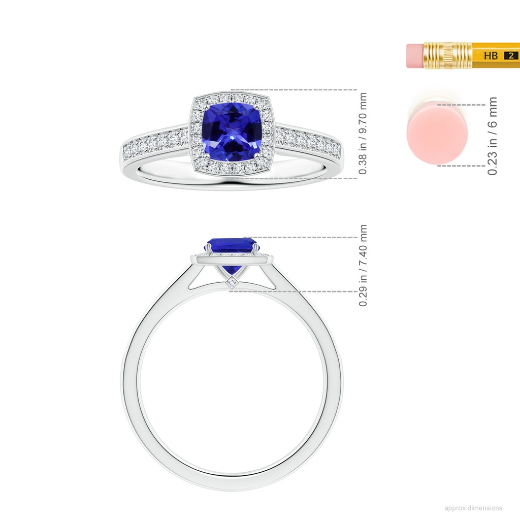 6.20x6.20x3.71mm AAA GIA Certified Cushion Tanzanite Halo Ring with Diamonds in White Gold ruler