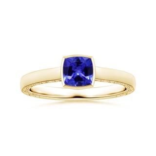 6.20x6.20x3.71mm AAA Bezel-Set GIA Certified Cushion Tanzanite Solitaire Ring with Scrollwork in 18K Yellow Gold