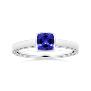 6.20x6.20x3.71mm AAA Bezel-Set GIA Certified Cushion Tanzanite Solitaire Ring with Scrollwork in P950 Platinum