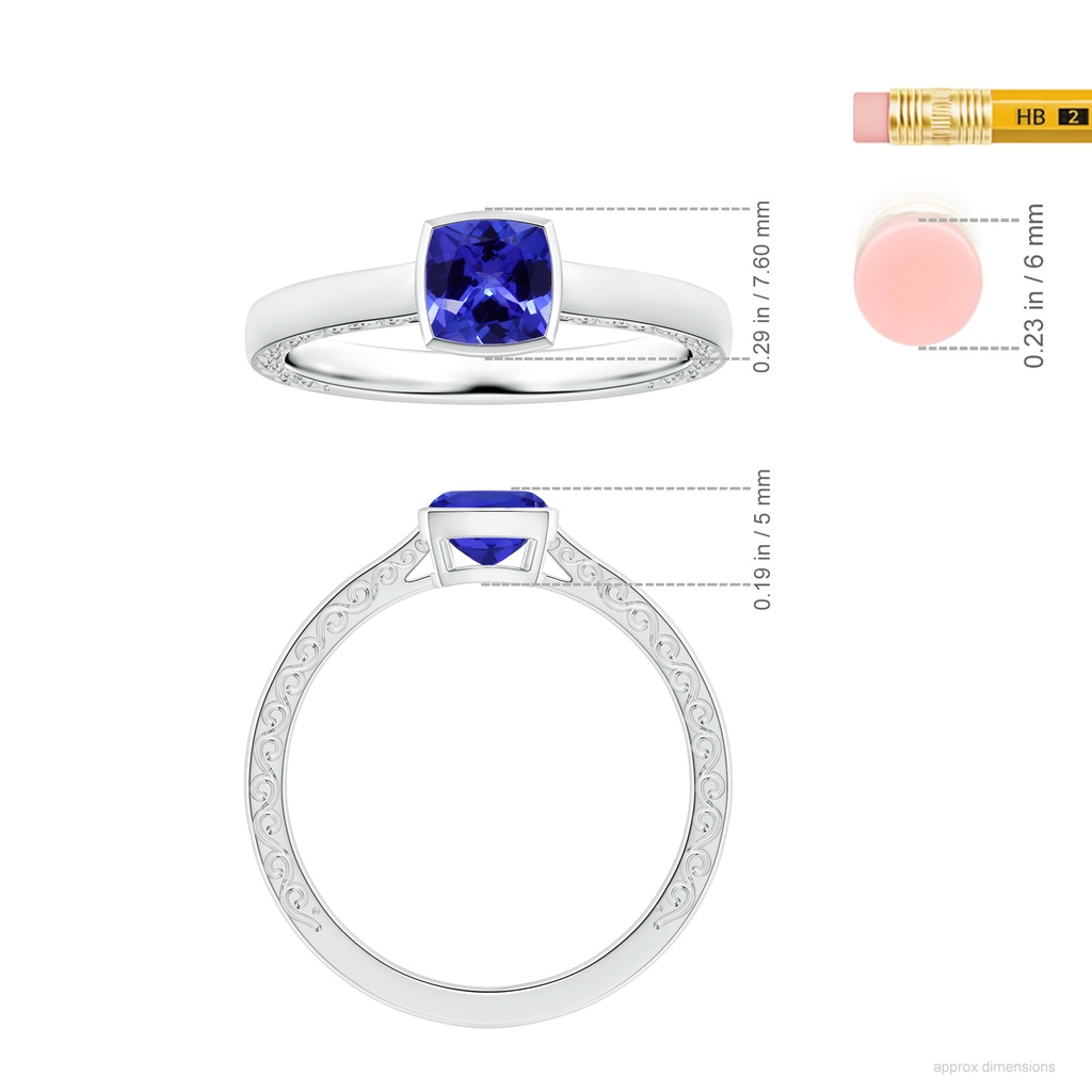 6.20x6.20x3.71mm AAA Bezel-Set GIA Certified Cushion Tanzanite Solitaire Ring with Scrollwork in P950 Platinum ruler