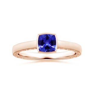 6.20x6.20x3.71mm AAA Bezel-Set GIA Certified Cushion Tanzanite Solitaire Ring with Scrollwork in Rose Gold