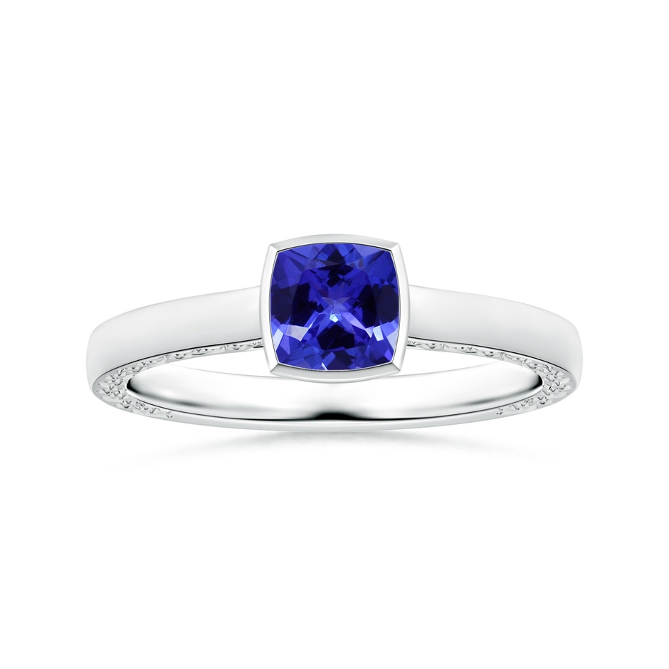 6.20x6.20x3.71mm AAA Bezel-Set GIA Certified Cushion Tanzanite Solitaire Ring with Scrollwork in White Gold 