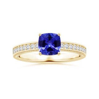 6.20x6.20x3.71mm AAA Prong-Set GIA Certified Cushion Tanzanite Ring with Leaf Motifs in 18K Yellow Gold