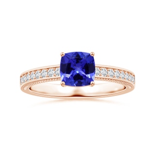 6.20x6.20x3.71mm AAA Prong-Set GIA Certified Cushion Tanzanite Ring with Leaf Motifs in Rose Gold