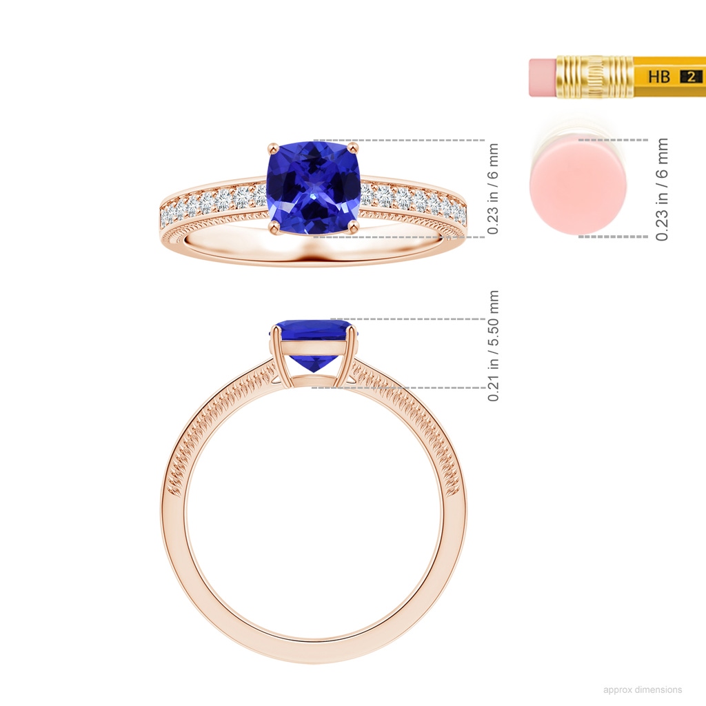 6.20x6.20x3.71mm AAA Prong-Set GIA Certified Cushion Tanzanite Ring with Leaf Motifs in Rose Gold ruler