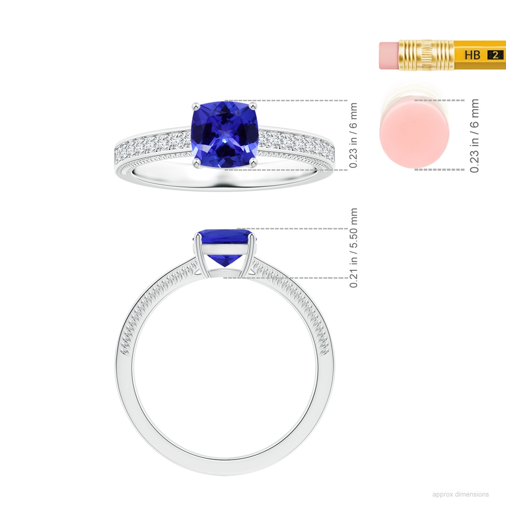6.20x6.20x3.71mm AAA Prong-Set GIA Certified Cushion Tanzanite Ring with Leaf Motifs in White Gold ruler