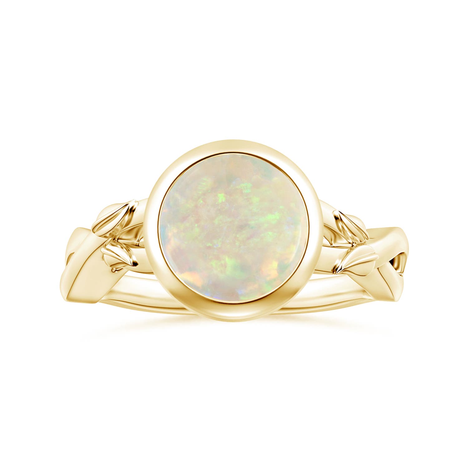 9.24x9.10x3.38mm AAA GIA Certified Nature Inspired Bezel-Set Round Opal Solitaire Ring in 18CT Yellow Gold