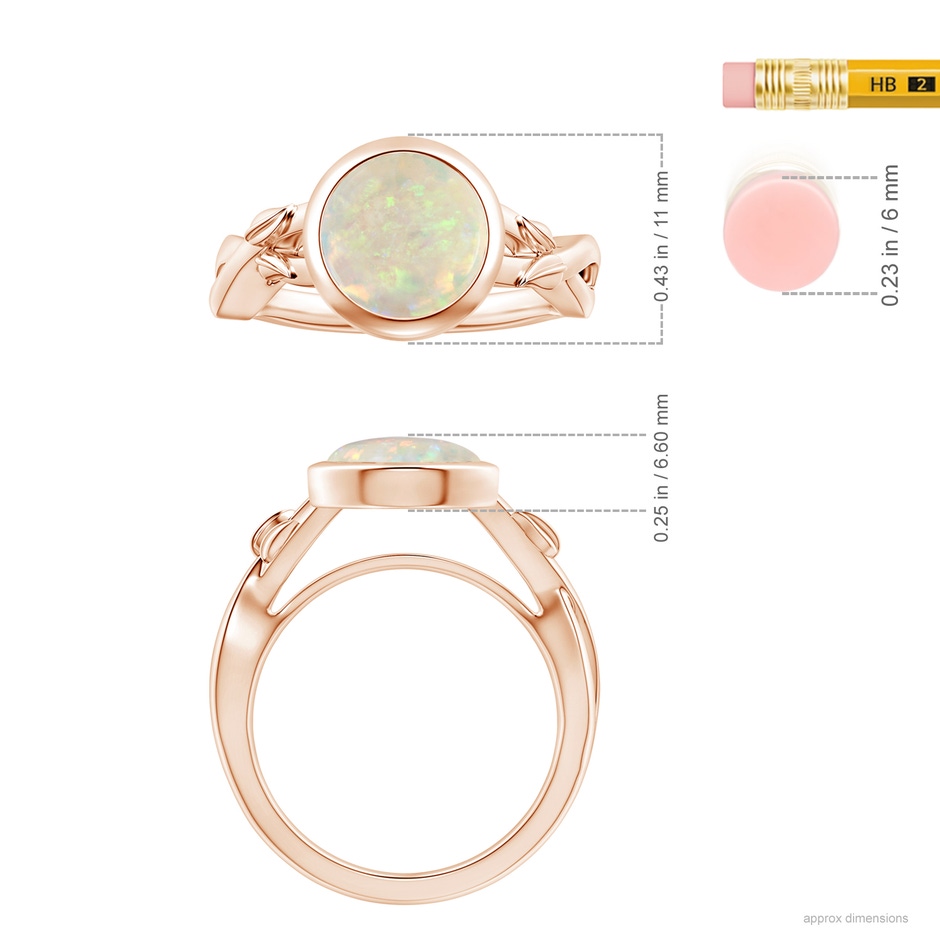 9.24x9.10x3.38mm AAA GIA Certified Nature Inspired Bezel-Set Round Opal Solitaire Ring in 9K Rose Gold ruler