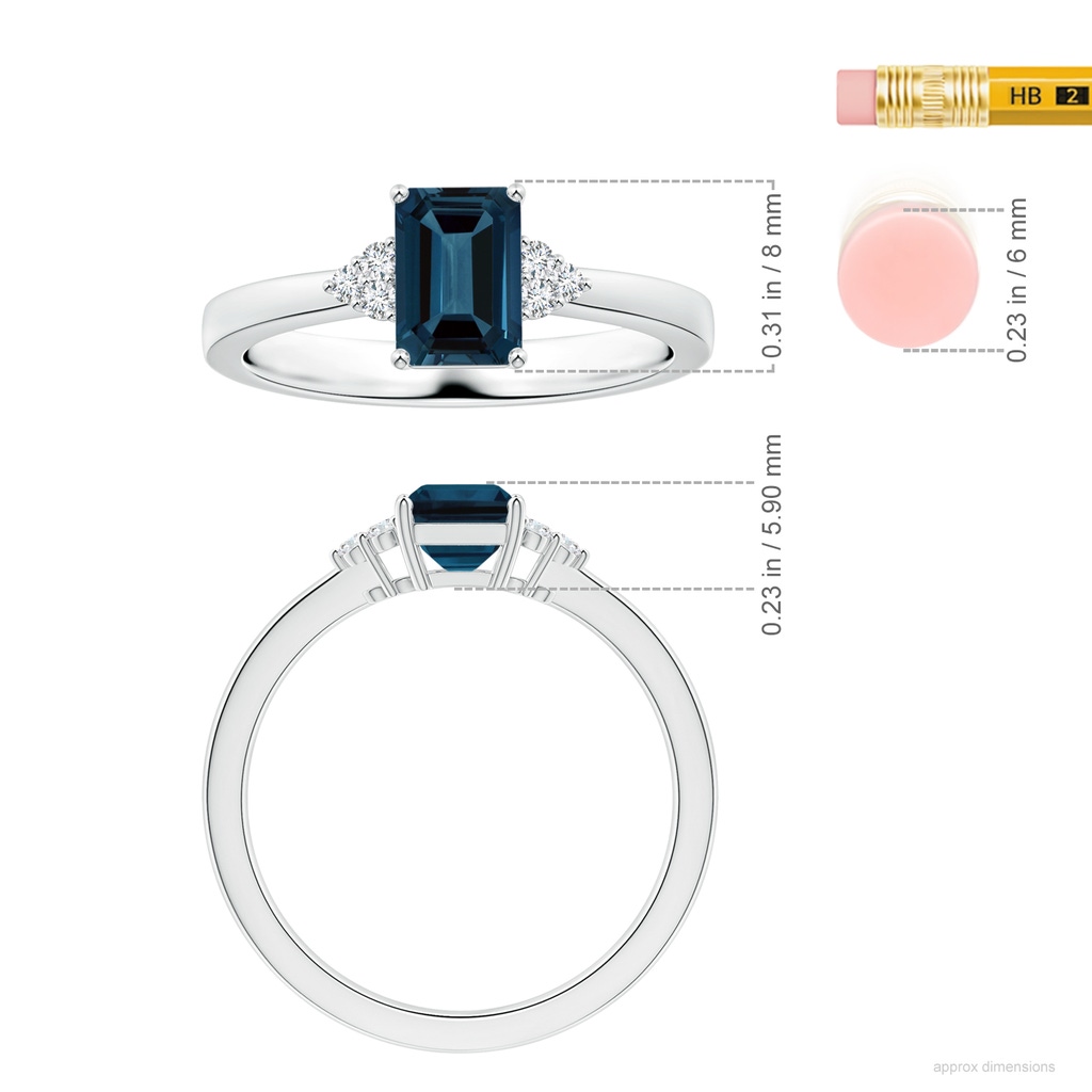 8.12x6.18x3.93mm AAA GIA Certified Emerald-Cut London Blue Topaz Reverse Tapered Ring with Side Diamonds in White Gold ruler