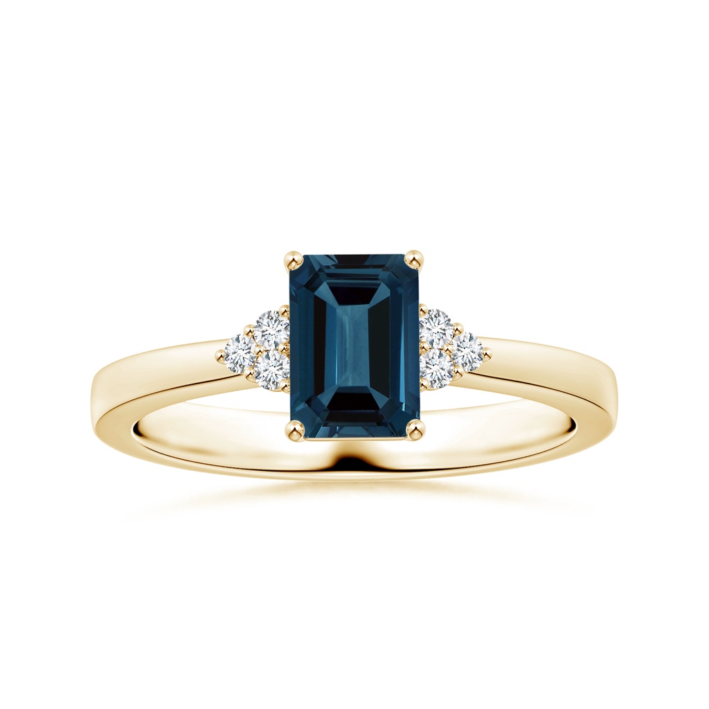 8.12x6.18x3.93mm AAA GIA Certified Emerald-Cut London Blue Topaz Reverse Tapered Ring with Side Diamonds in Yellow Gold