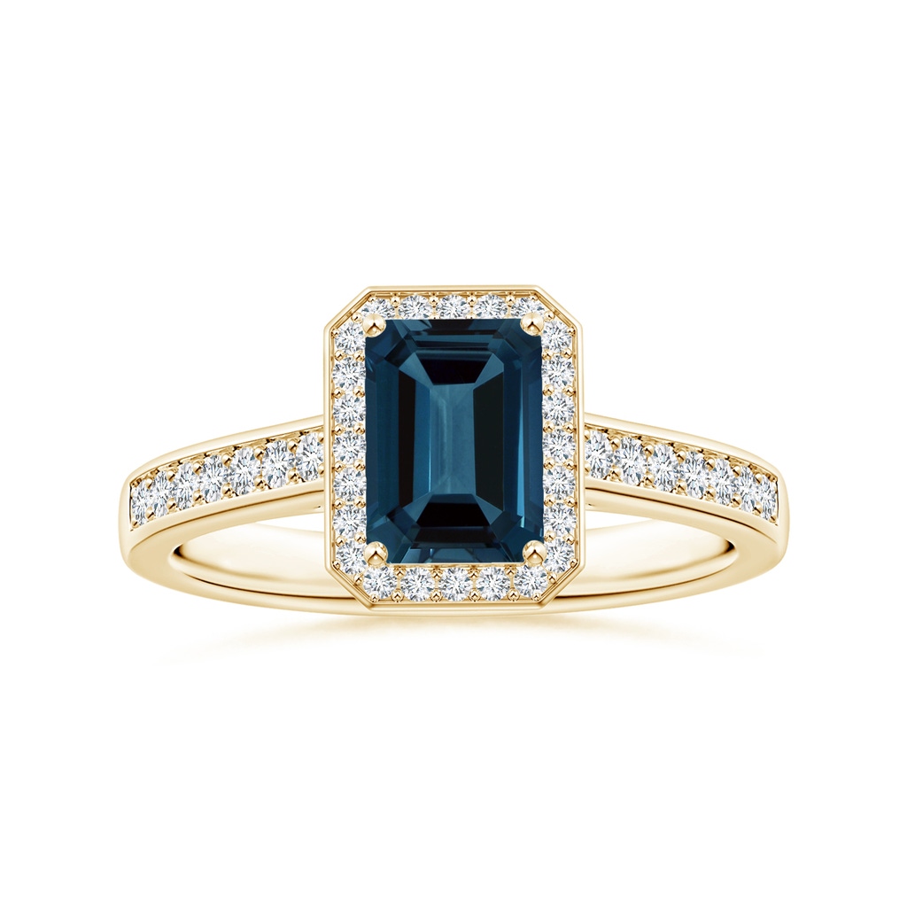 8.12x6.18x3.93mm AAA Emerald-Cut GIA Certified London Blue Topaz Halo Ring with Diamonds in 10K Yellow Gold 