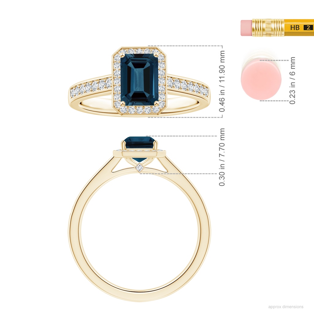 8.12x6.18x3.93mm AAA Emerald-Cut GIA Certified London Blue Topaz Halo Ring with Diamonds in 10K Yellow Gold ruler
