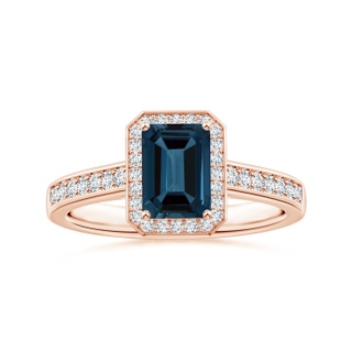 8.12x6.18x3.93mm AAA Emerald-Cut GIA Certified London Blue Topaz Halo Ring with Diamonds in 18K Rose Gold