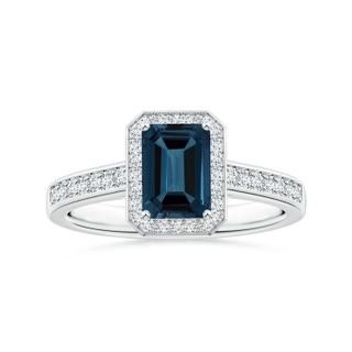 8.12x6.18x3.93mm AAA Emerald-Cut GIA Certified London Blue Topaz Halo Ring with Diamonds in White Gold