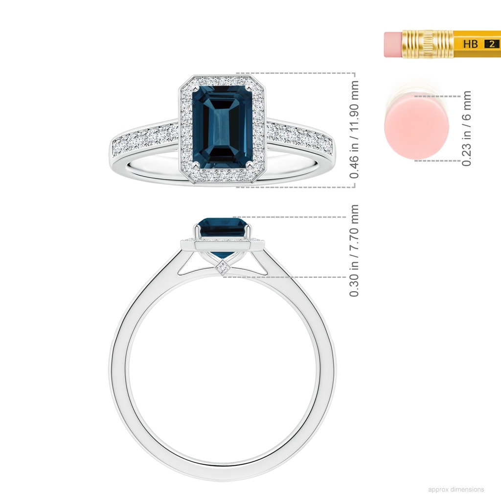 8.12x6.18x3.93mm AAA Emerald-Cut GIA Certified London Blue Topaz Halo Ring with Diamonds in White Gold ruler