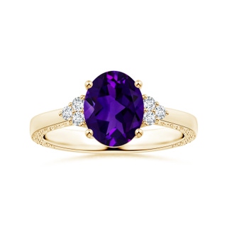 9.14x7.11x4.72mm AAA GIA Certified Oval Amethyst Reverse Tapered Shank Ring with Scrollwork in 10K Yellow Gold