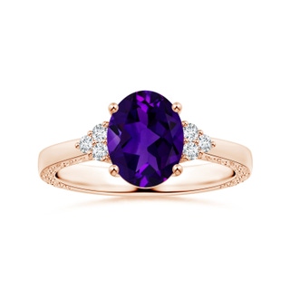 9.14x7.11x4.72mm AAA GIA Certified Oval Amethyst Reverse Tapered Shank Ring with Scrollwork in 9K Rose Gold