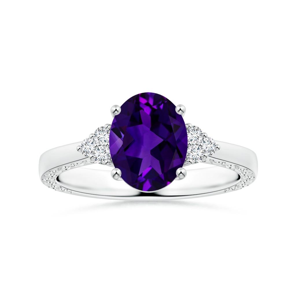 9.14x7.11x4.72mm AAA GIA Certified Oval Amethyst Reverse Tapered Shank Ring with Scrollwork in White Gold 