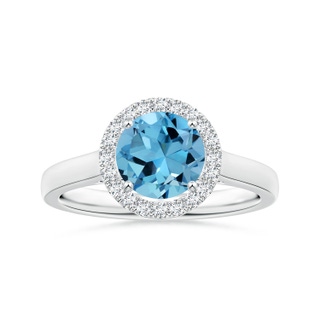 7.57x7.51x5.11mm AAAA GIA Certified Round Swiss Blue Topaz Ring with Diamond Halo in White Gold