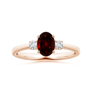 7.93x5.81x3.65mm AAAA GIA Certified Three Stone Oval Garnet Reverse Tapered Shank Ring with Leaf Motifs in 10K Rose Gold