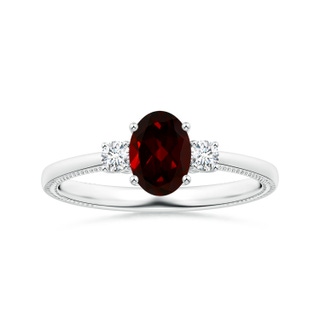 7.93x5.81x3.65mm AAAA GIA Certified Three Stone Oval Garnet Reverse Tapered Shank Ring with Leaf Motifs in P950 Platinum
