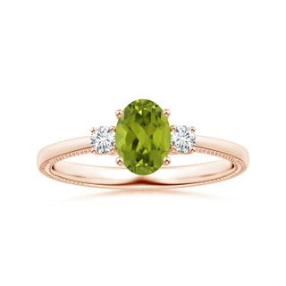 8.02x5.97x4.09mm AAA GIA Certified Three Stone Oval Peridot Reverse Tapered Shank Ring with Leaf Motifs in 10K Rose Gold