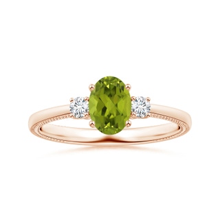 8.02x5.97x4.09mm AAA GIA Certified Three Stone Oval Peridot Reverse Tapered Shank Ring with Leaf Motifs in 9K Rose Gold