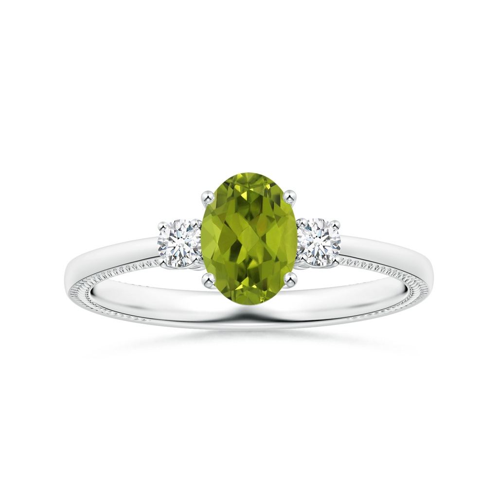8.02x5.97x4.09mm AAA GIA Certified Three Stone Oval Peridot Reverse Tapered Shank Ring with Leaf Motifs in P950 Platinum 