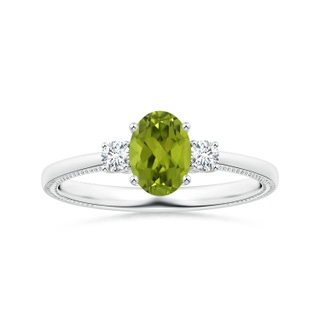 8.02x5.97x4.09mm AAA GIA Certified Three Stone Oval Peridot Reverse Tapered Shank Ring with Leaf Motifs in P950 Platinum