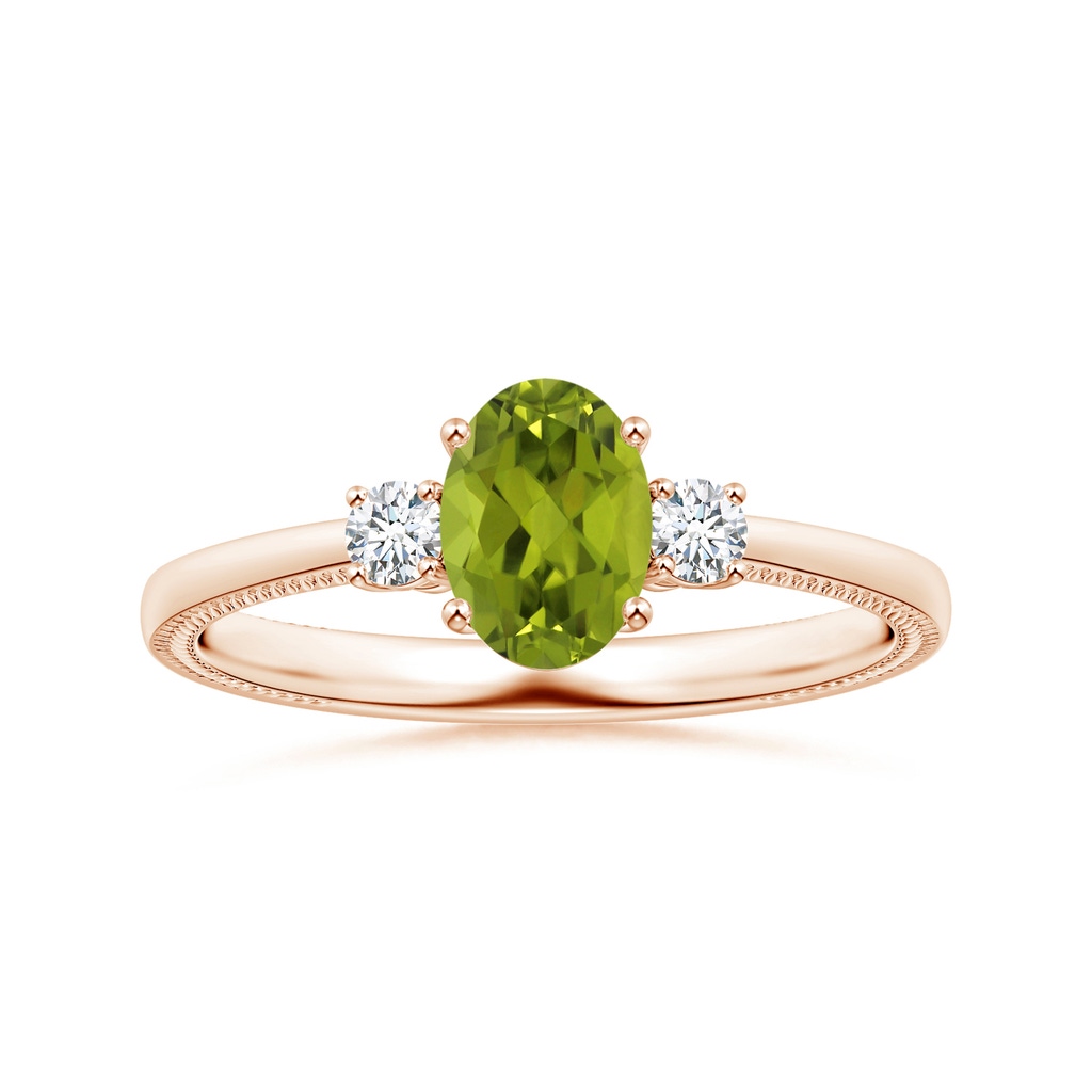 8.02x5.97x4.09mm AAA GIA Certified Three Stone Oval Peridot Reverse Tapered Shank Ring with Leaf Motifs in Rose Gold