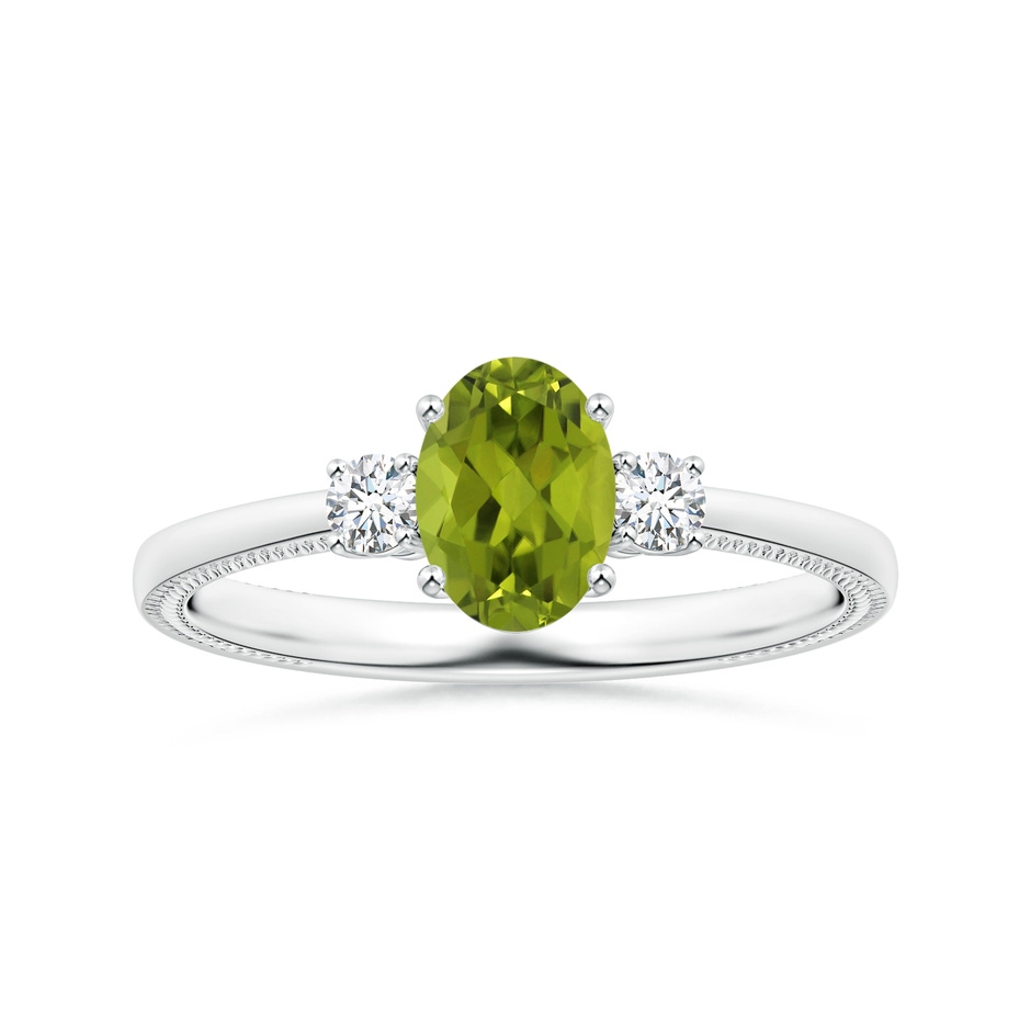 8.02x5.97x4.09mm AAA GIA Certified Three Stone Oval Peridot Reverse Tapered Shank Ring with Leaf Motifs in White Gold 