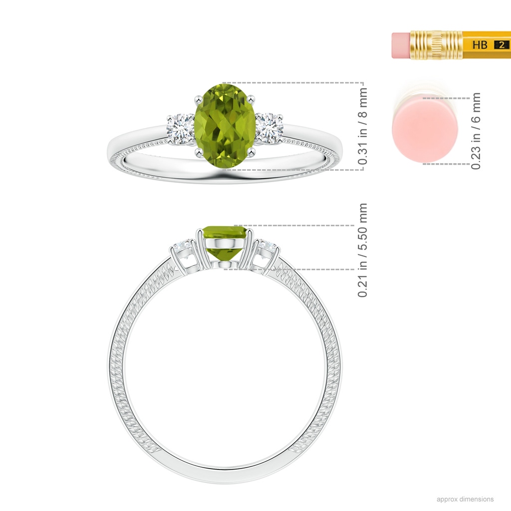 8.02x5.97x4.09mm AAA GIA Certified Three Stone Oval Peridot Reverse Tapered Shank Ring with Leaf Motifs in White Gold ruler